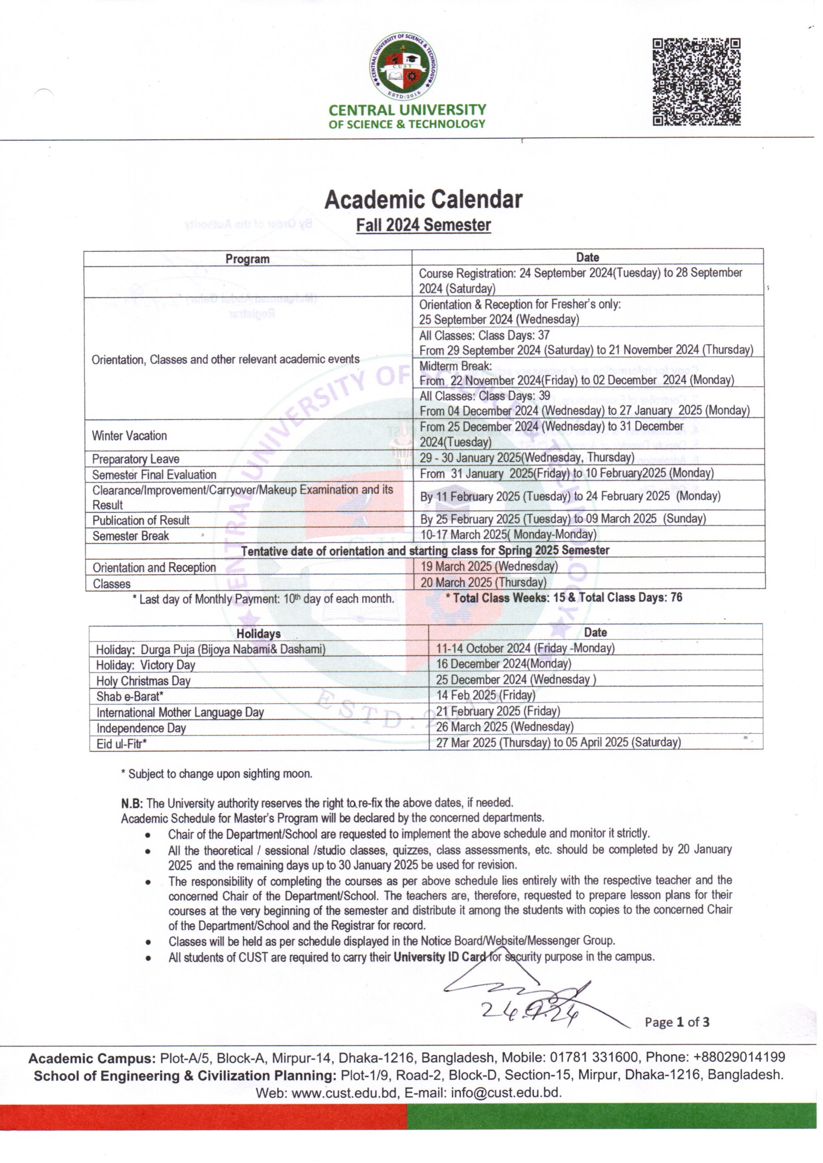 Academic Calendar – Fall Semester 2024