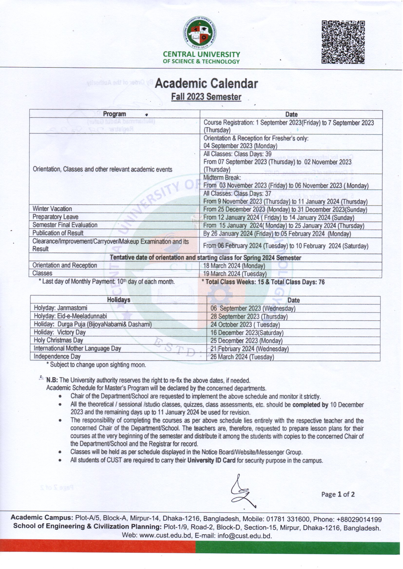Academic Calendar – Fall Semester 2023