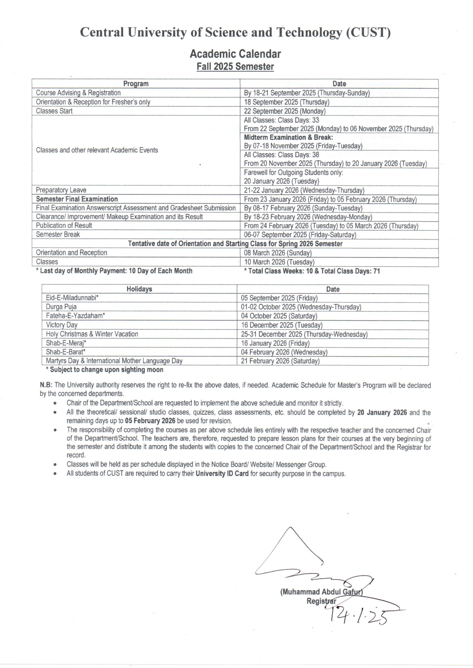 Academic Calendar – Fall Semester 2025