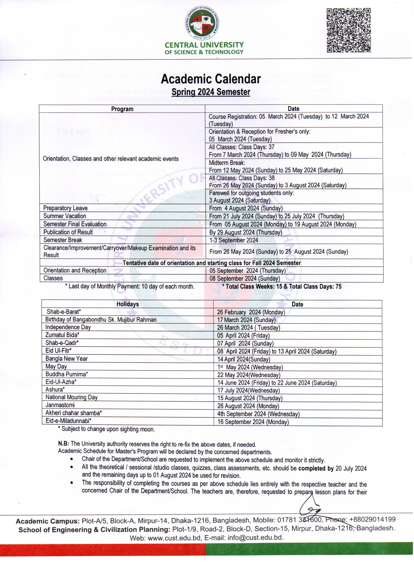 Academic Calendar – Spring Semester 2024