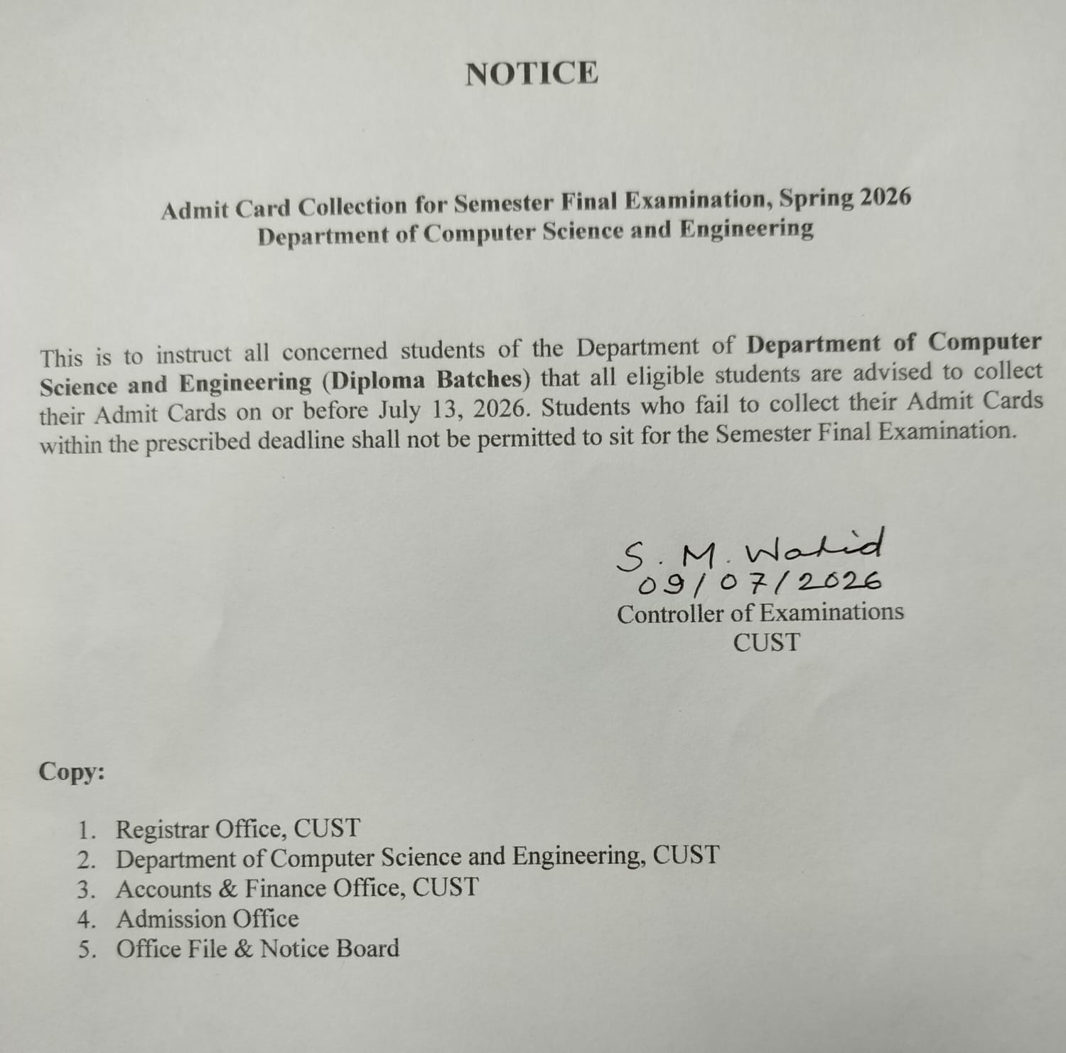 Admit Card Collection Notice for Semester Final Examination Spring 2026 (CSE; Diploma)
