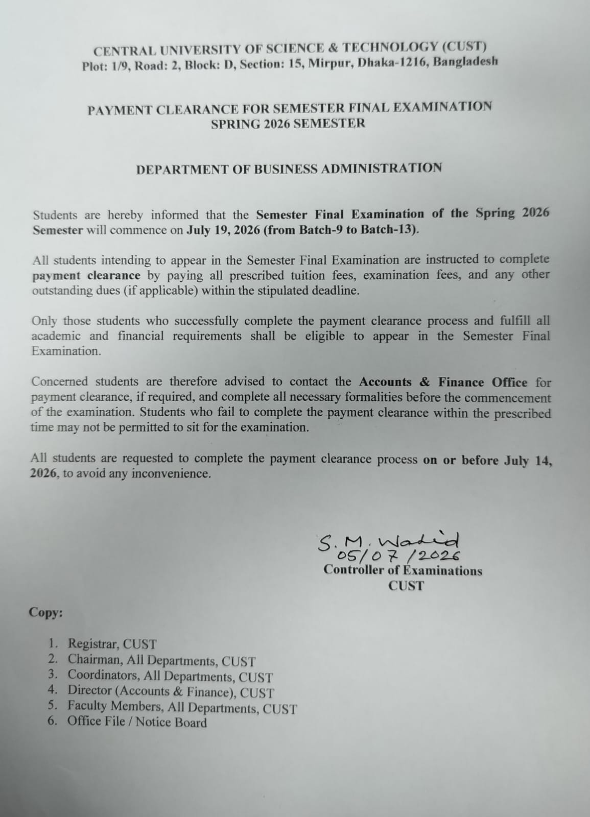 Payment Notice for the Semester Final Examination – Spring 2026 (BBA Batches)