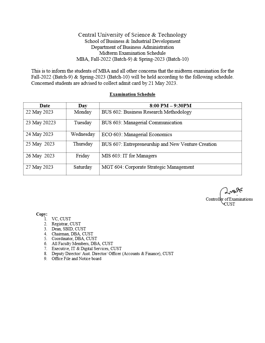 Midterm Examination for MBA Program, Fall-2022 (Batch-9) & Spring-2023 (Batch-10)