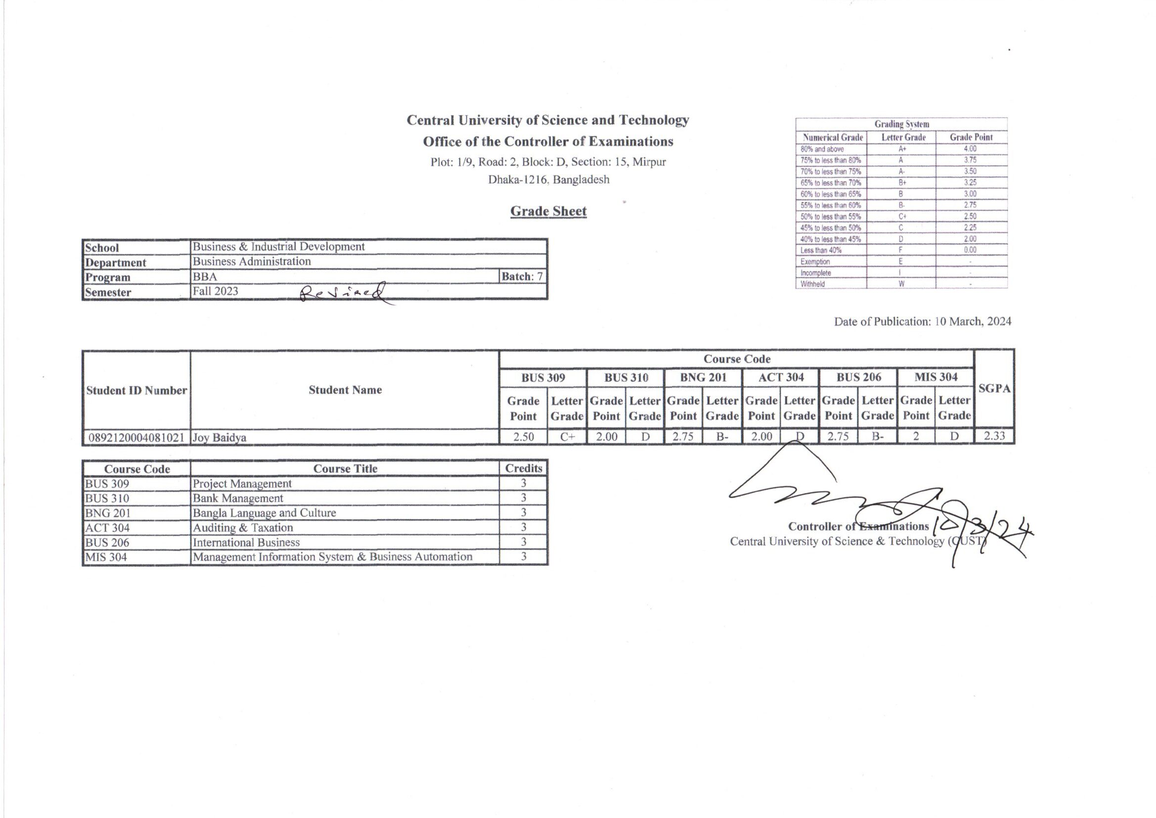 BBA, Fall Semester 2023 (Batch-7) Revised