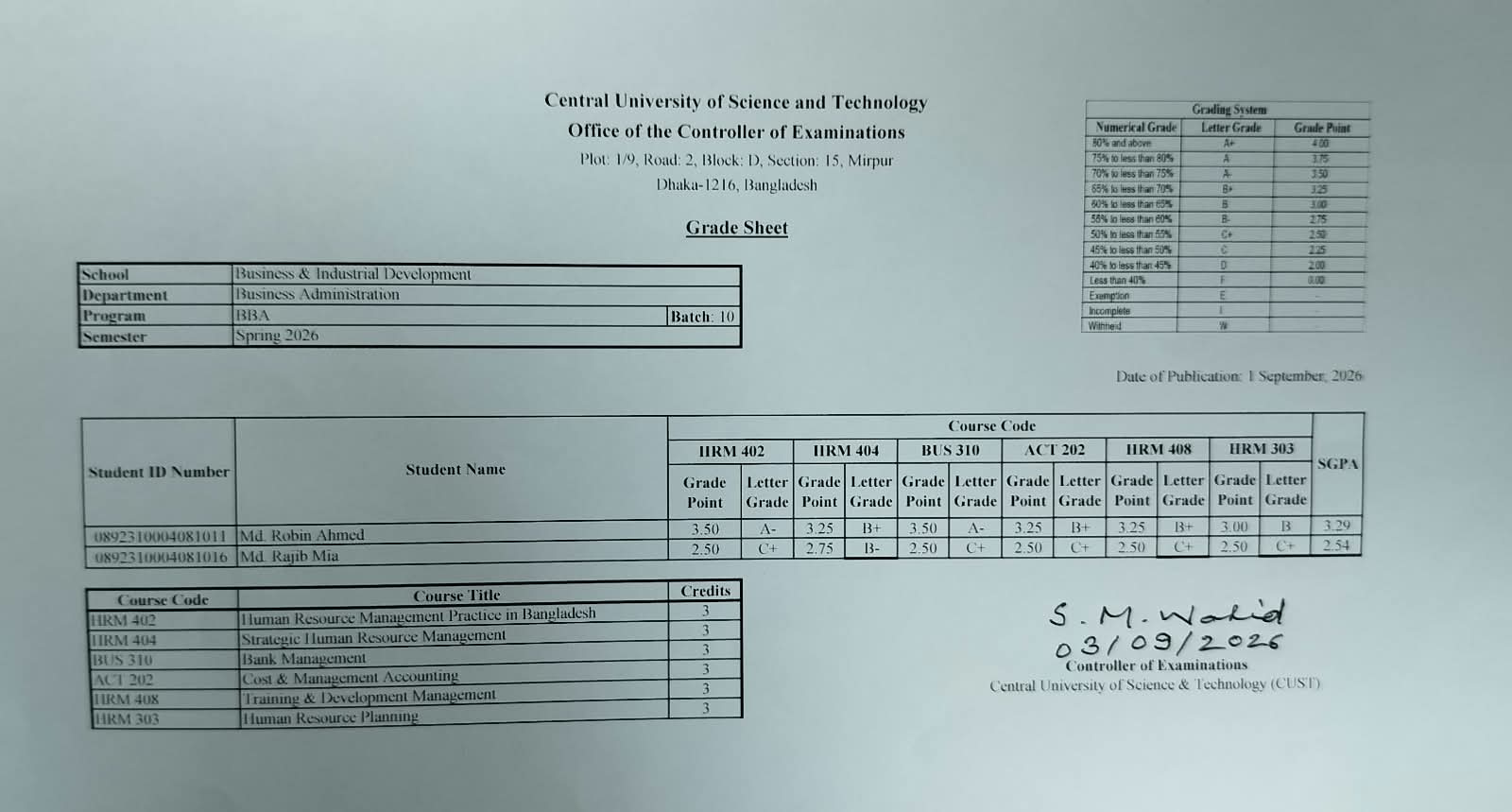BBA; Spring Semester 2026 (Batch-10)