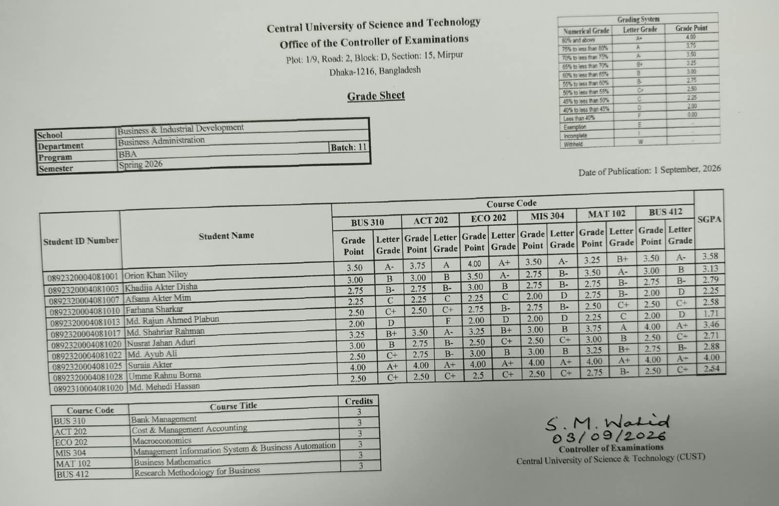 BBA; Spring Semester 2026 (Batch-11)