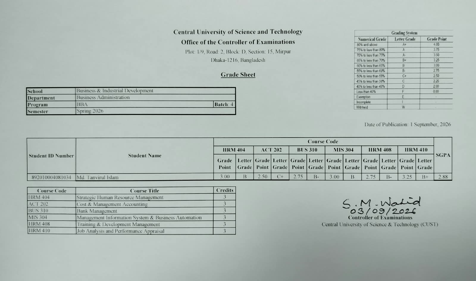 BBA; Spring Semester 2026 (Batch-4)