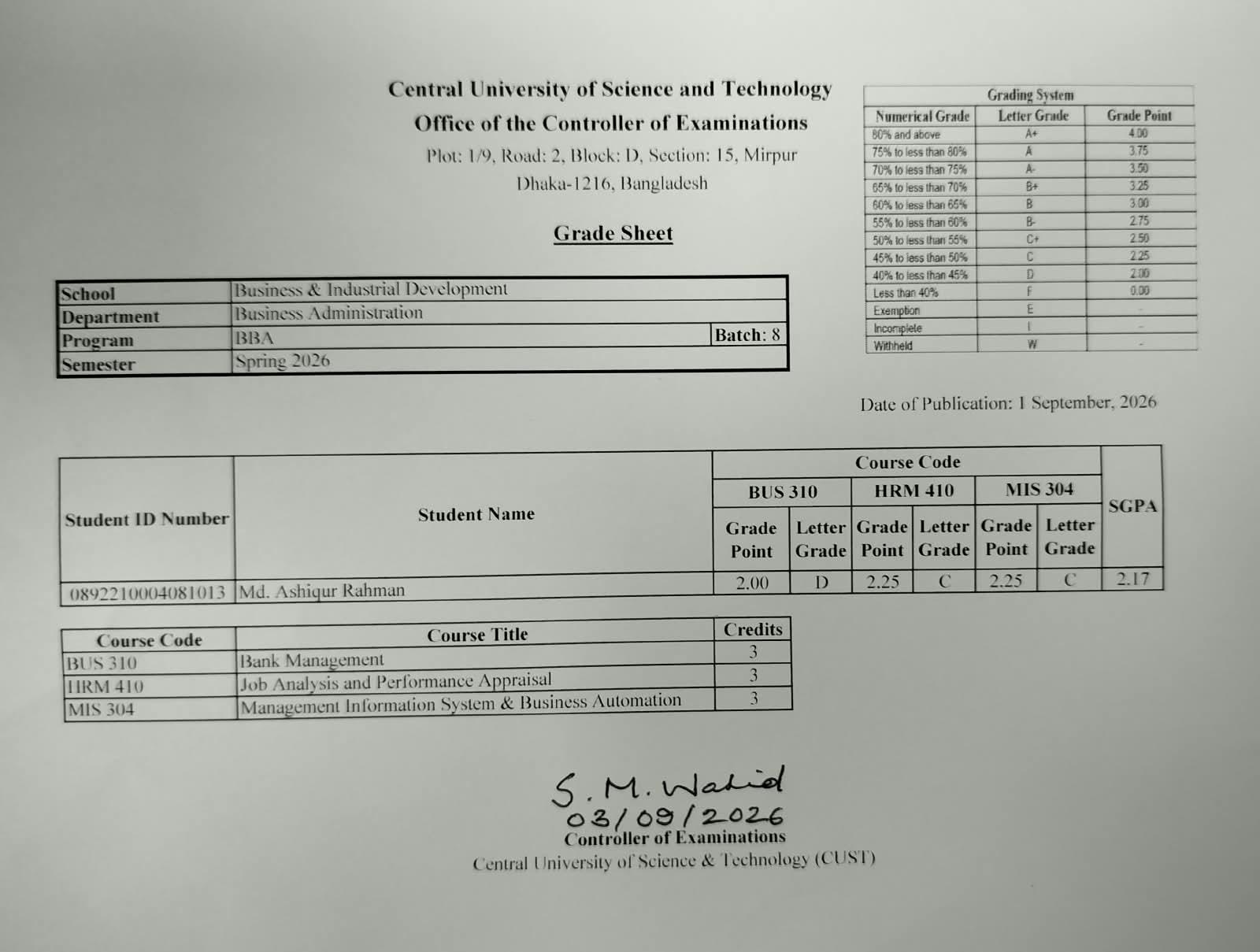 BBA; Spring Semester 2026 (Batch-8)