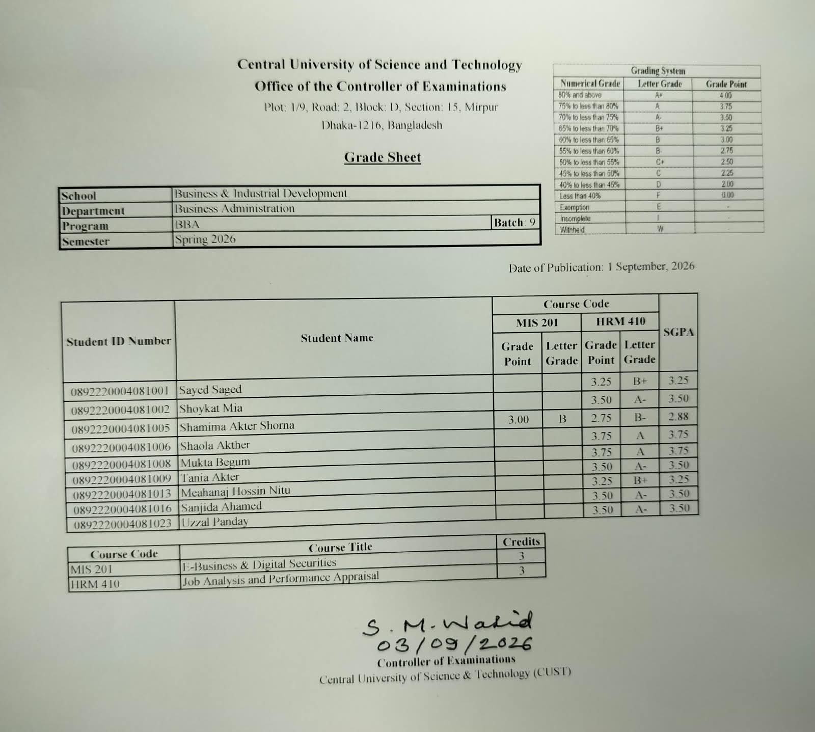 BBA; Spring Semester 2026 (Batch-9)