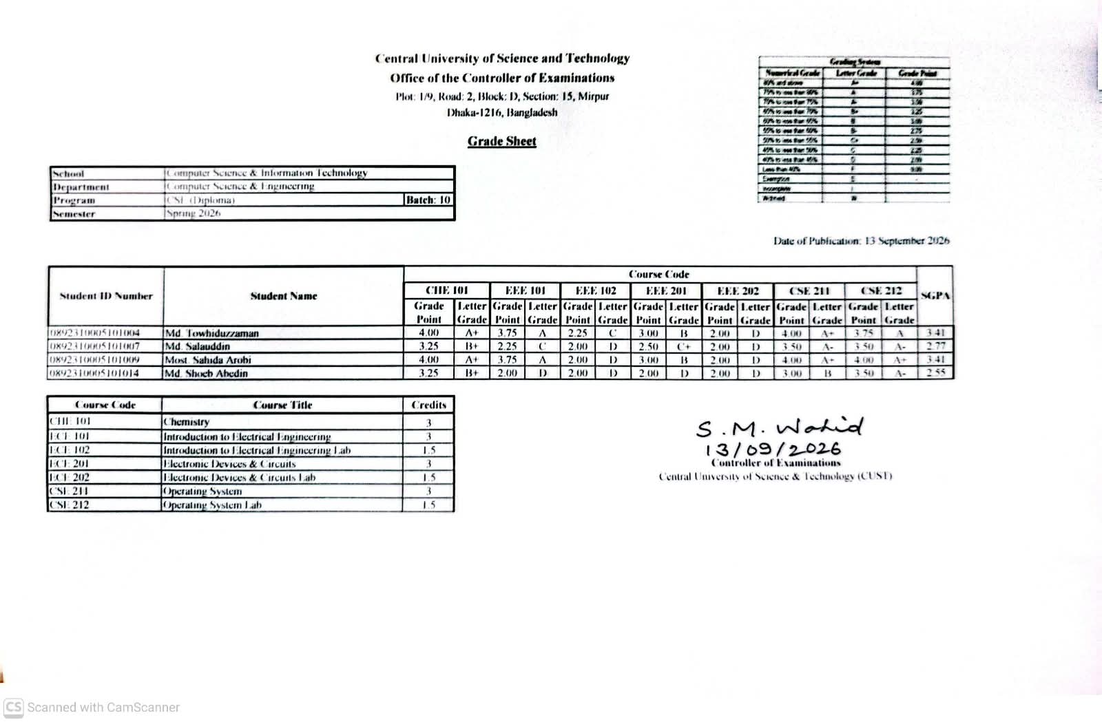 CSE, Spring Semester 2026 (10 Diploma)