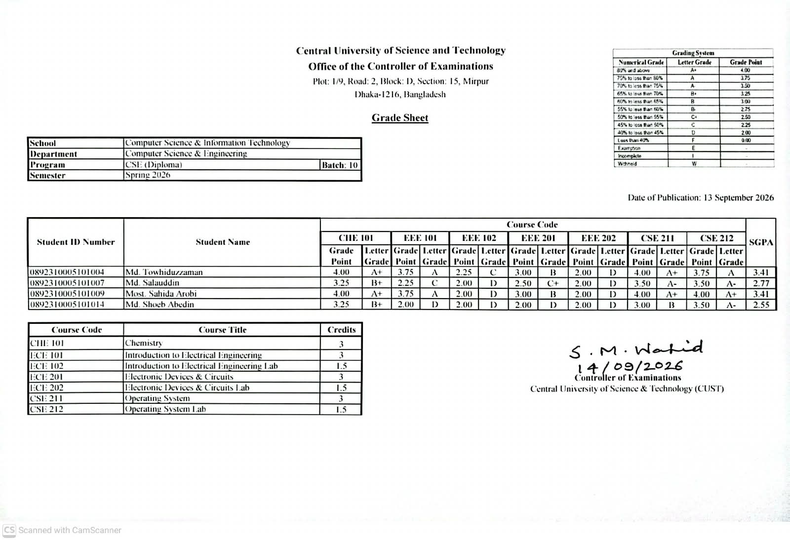 CSE, Spring Semester 2026 (10 Diploma) Revised