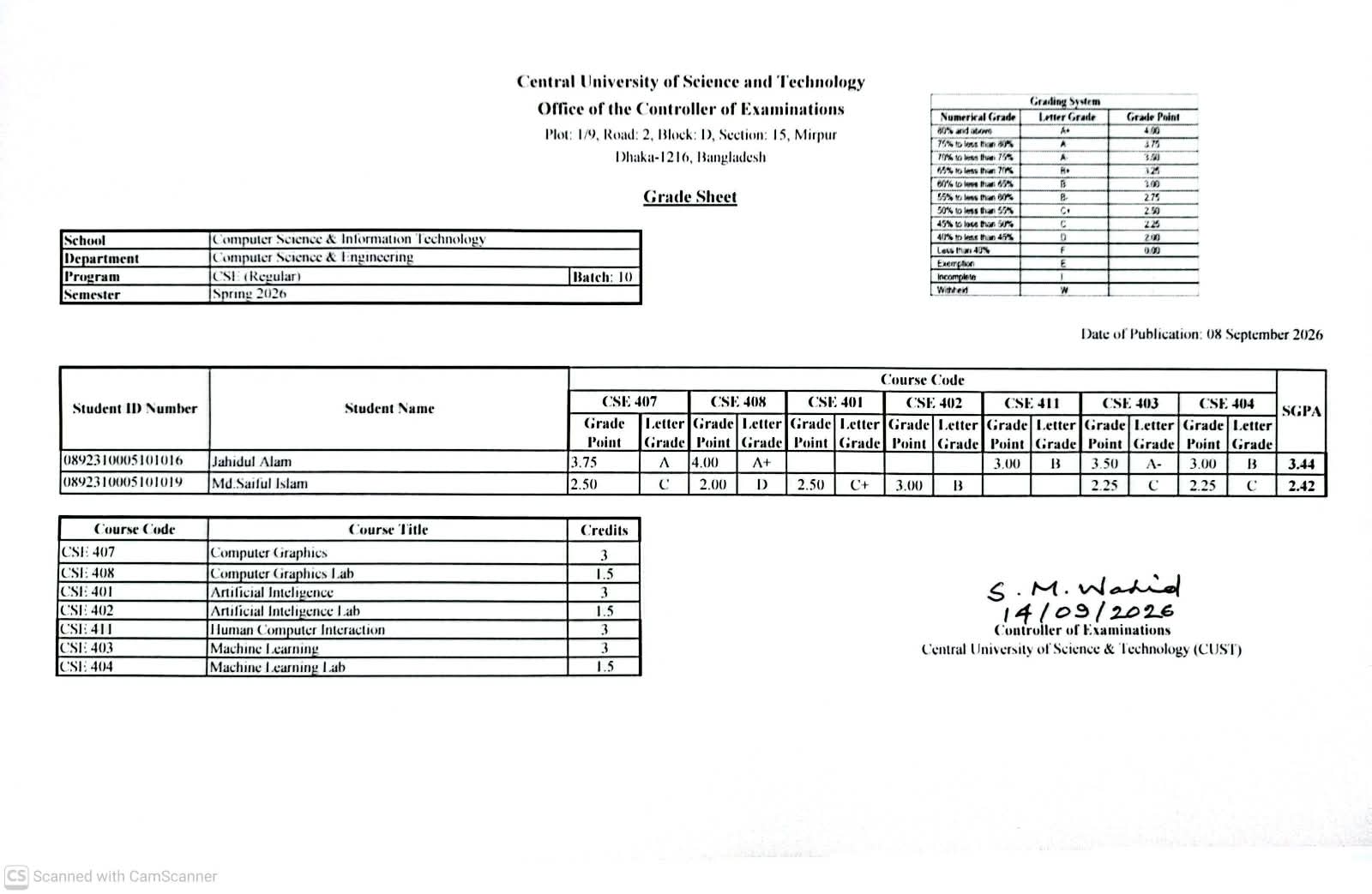 CSE, Spring Semester 2026 (10 Regular) Revised