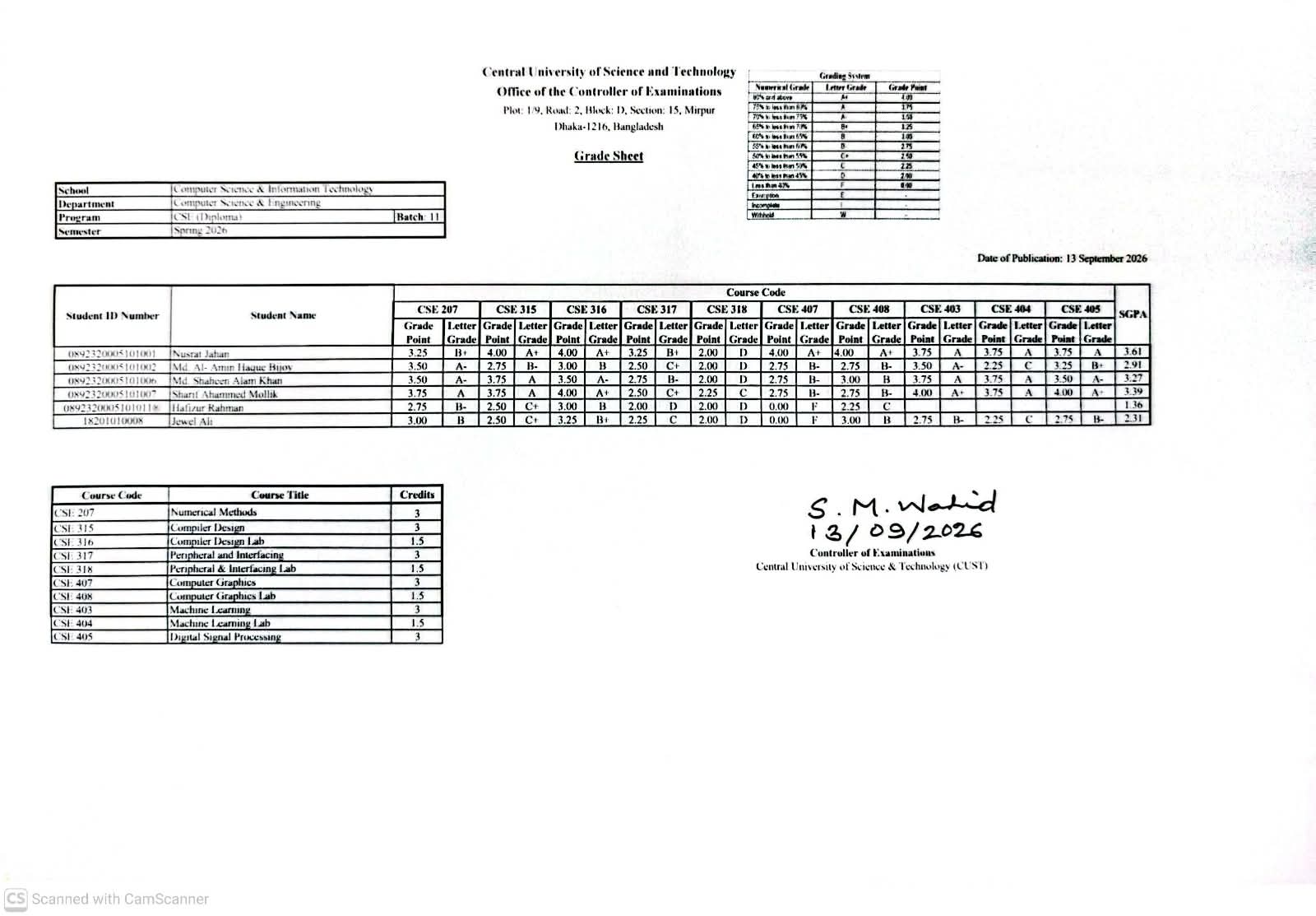 CSE, Spring Semester 2026 (11 Diploma)