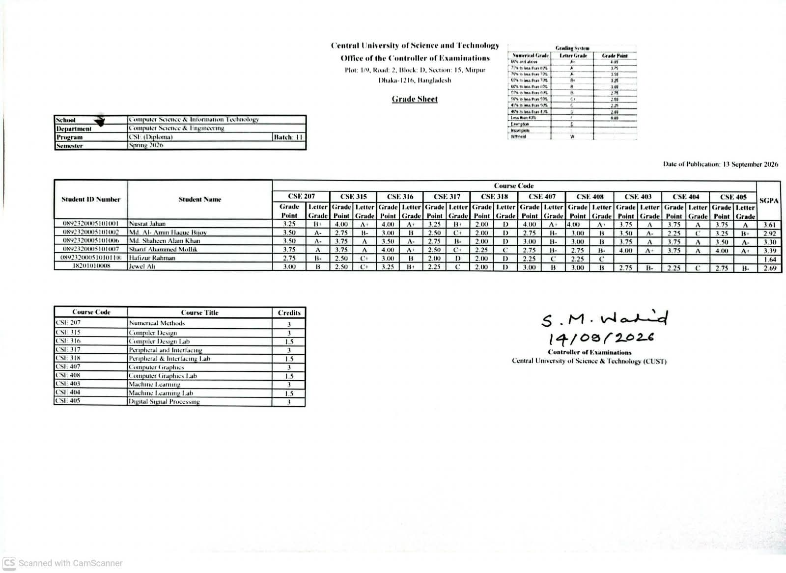 CSE, Spring Semester 2026 (11 Diploma) Revised