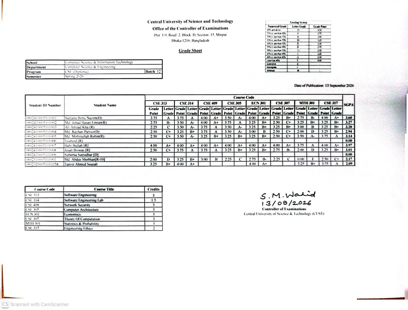 CSE, Spring Semester 2026 (12 Diploma)