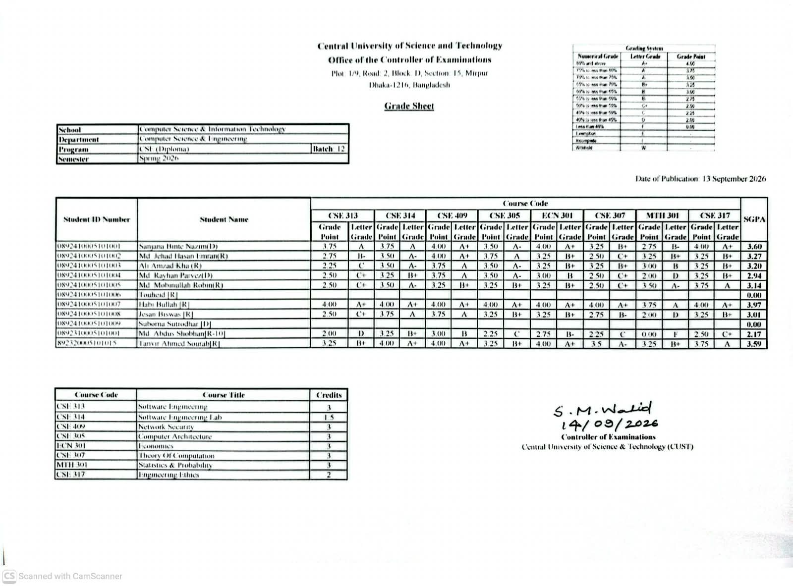 CSE, Spring Semester 2026 (12 Diploma) Revised