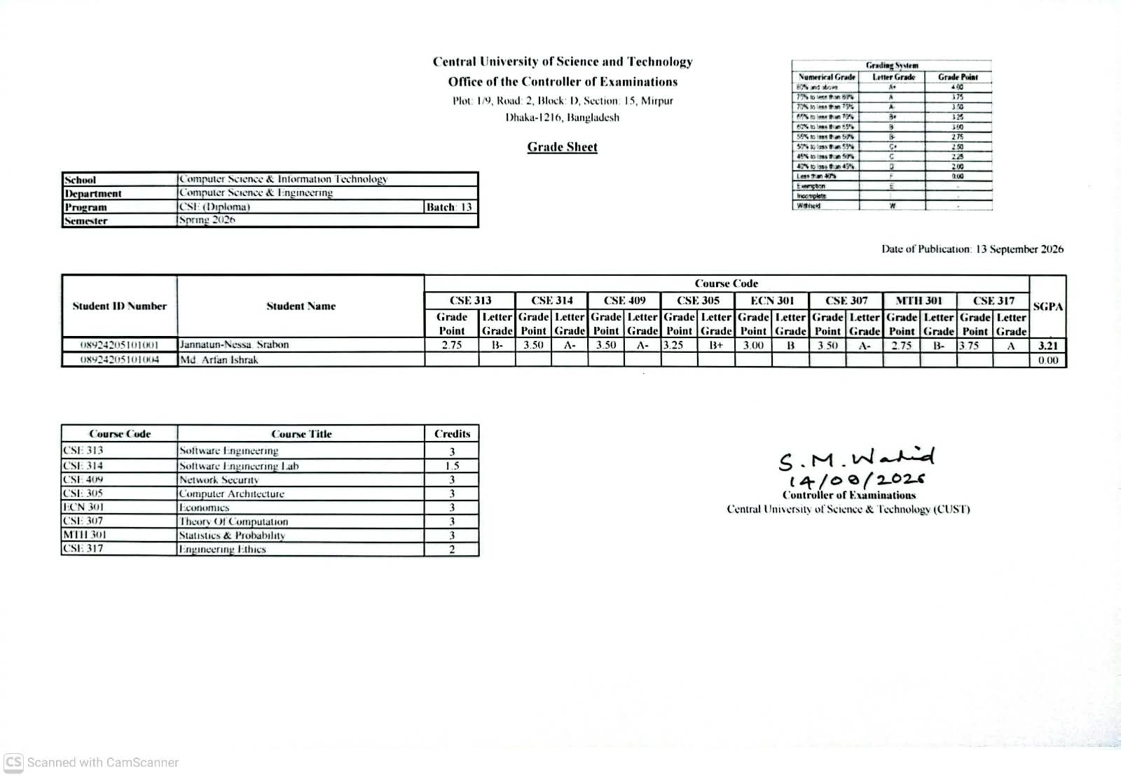 CSE, Spring Semester 2026 (13 Diploma) Revised