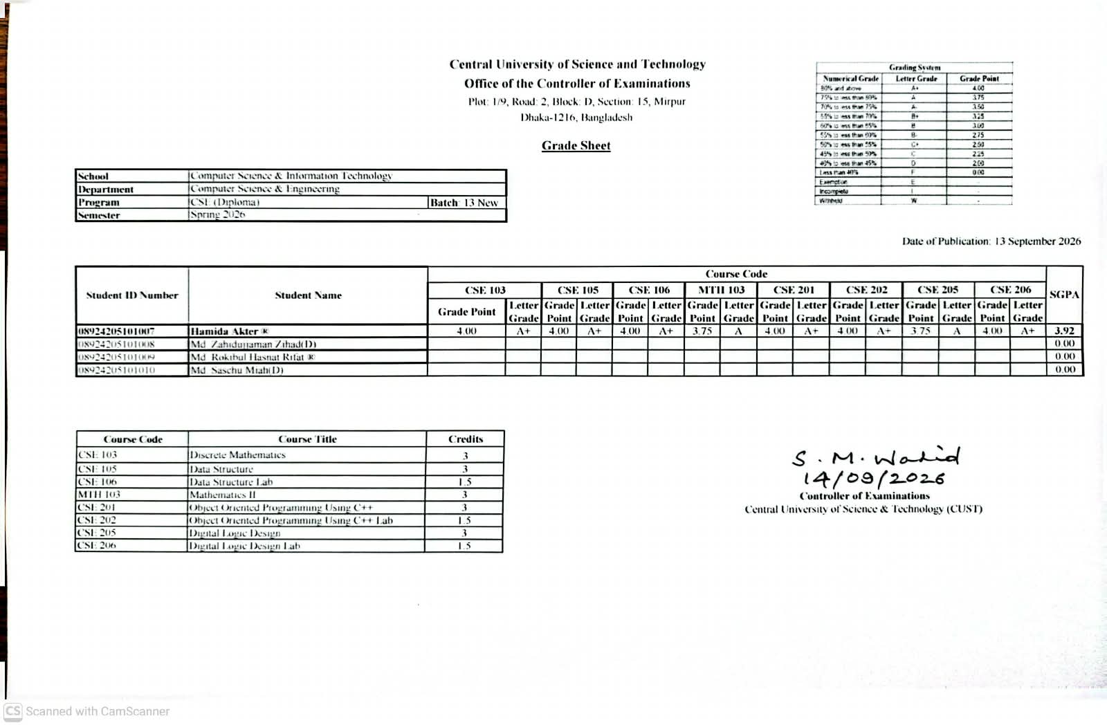 CSE, Spring Semester 2026 (13 New Diploma) Revised