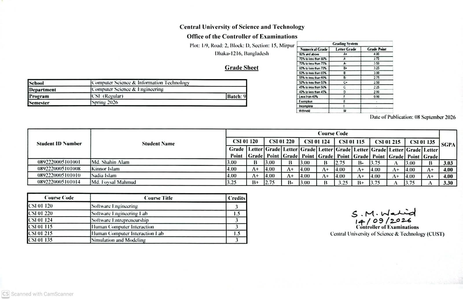 CSE, Spring Semester 2026 (9 Regular) Revised